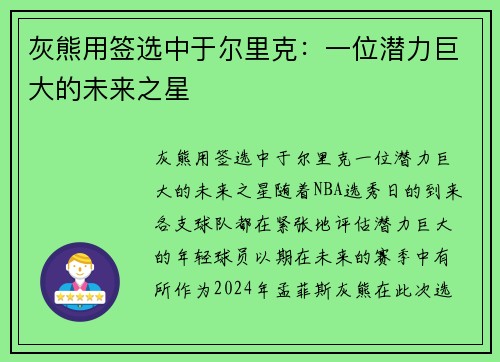 灰熊用签选中于尔里克：一位潜力巨大的未来之星