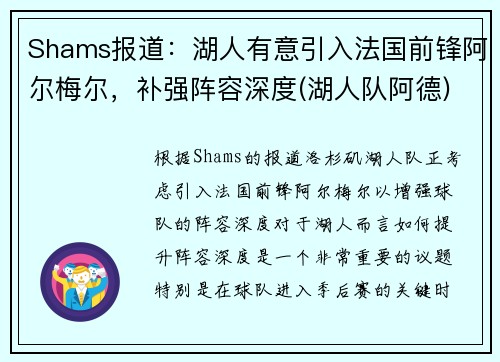 Shams报道：湖人有意引入法国前锋阿尔梅尔，补强阵容深度(湖人队阿德)