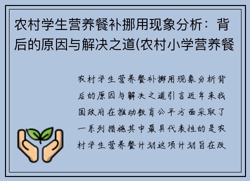 农村学生营养餐补挪用现象分析：背后的原因与解决之道(农村小学营养餐补助)
