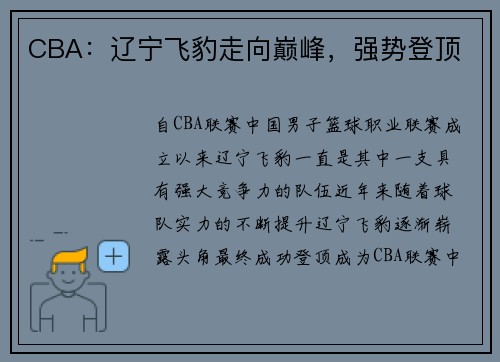 CBA：辽宁飞豹走向巅峰，强势登顶